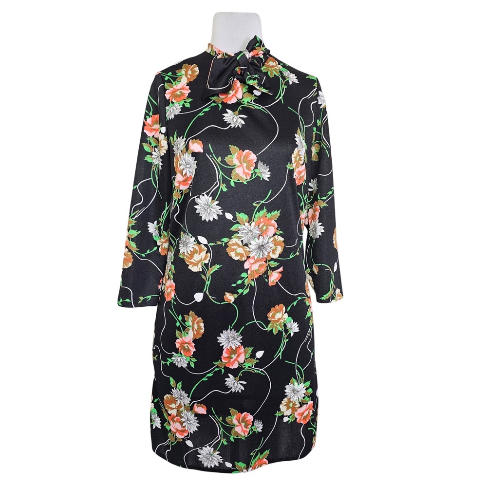 Vintage Fortrel Black Floral Pussycat Bow Neck Shift Dress Mod Gogo 60s 70s L